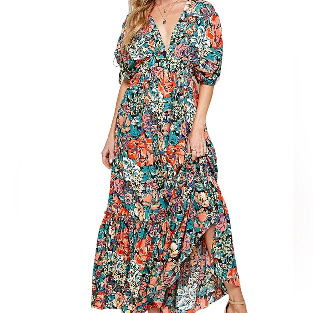 SWEET LEMON Black Floral Kaftan Tied Sleeve Maxi Dress - Picture 1 of 4